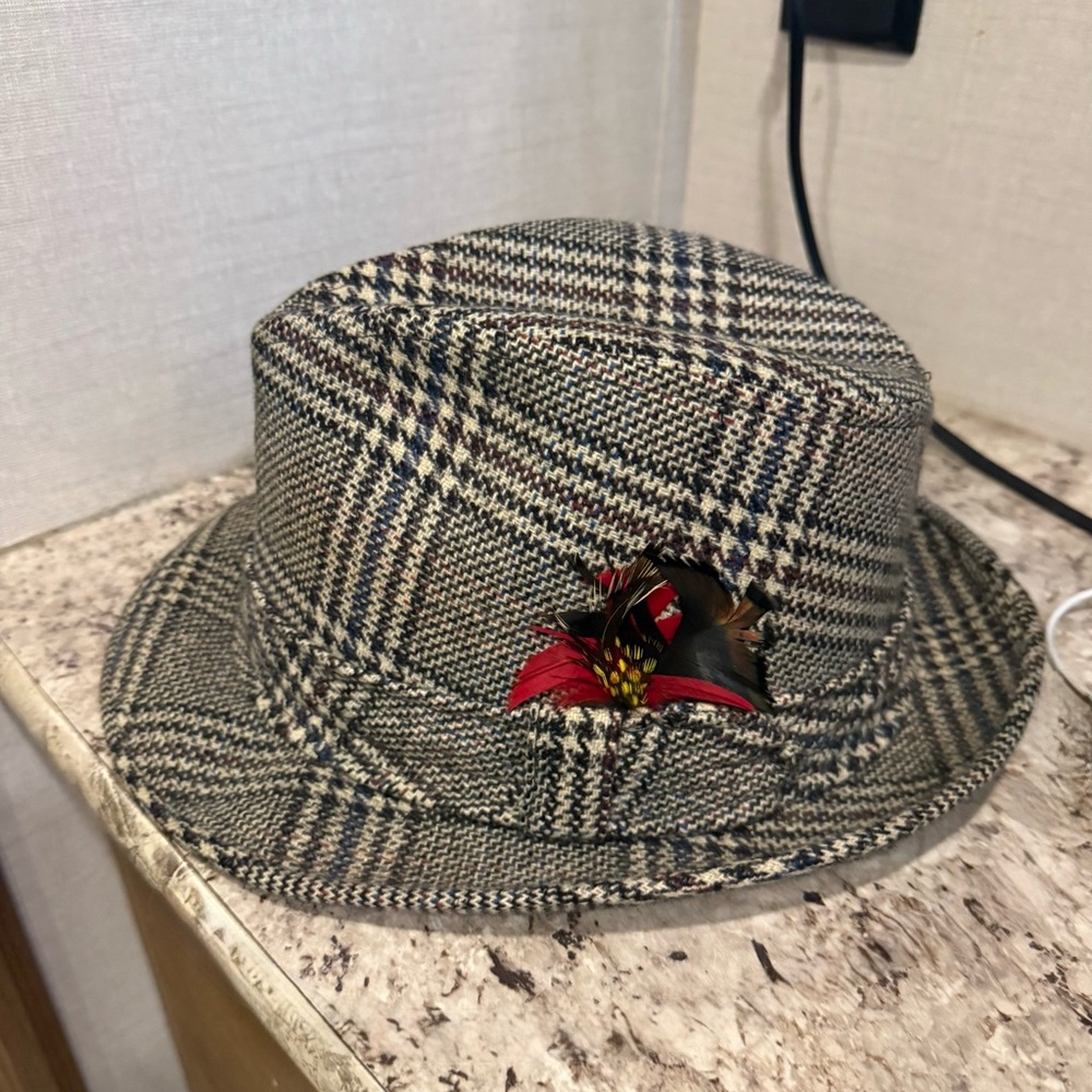 Cavanagh hats New York Plaid Fedora Hat with Feather Accent 7 1/4